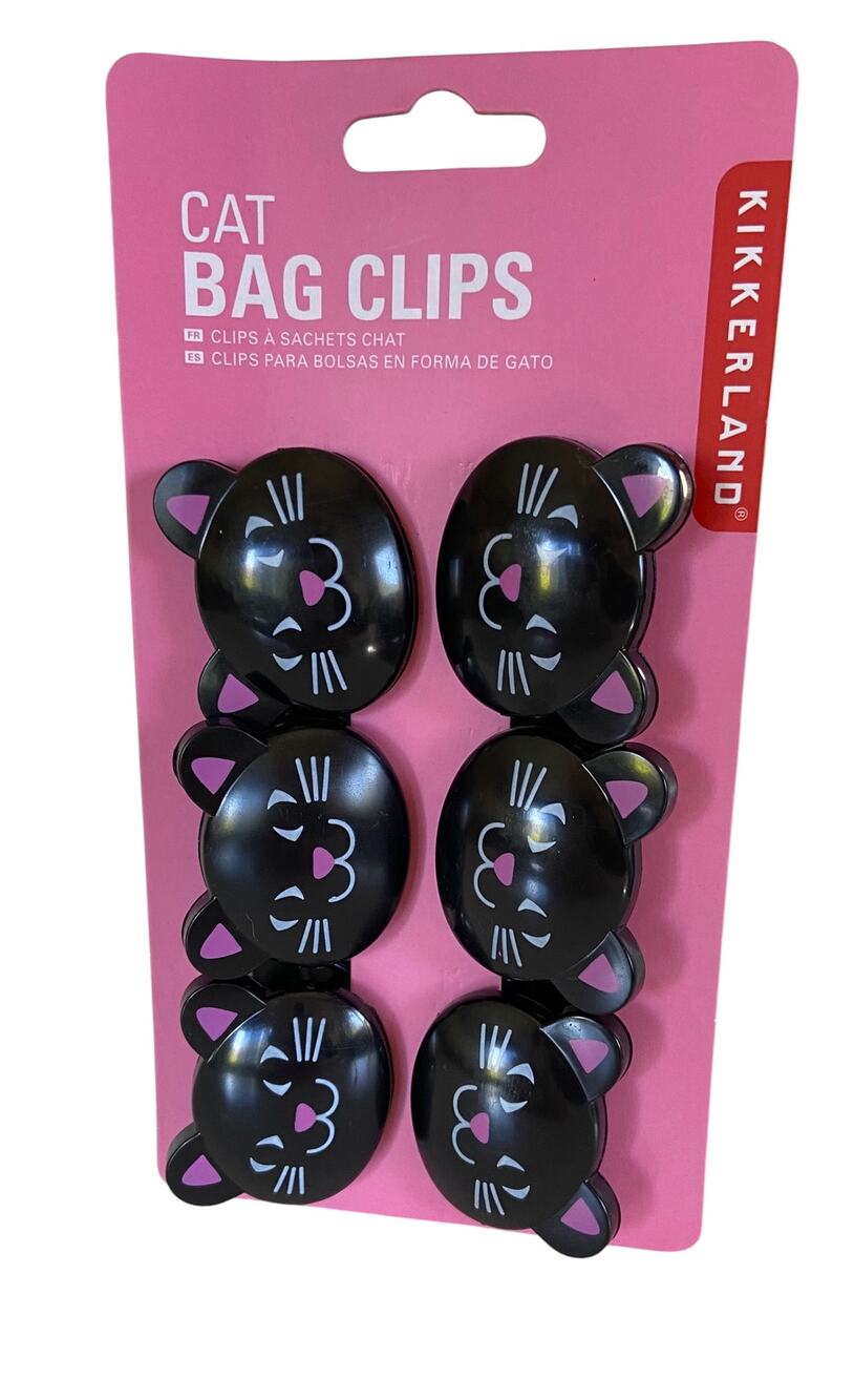 NEW Kikkerland Black & Pink Cat Kitten Bag Chip Clips Kitchen Set of 6